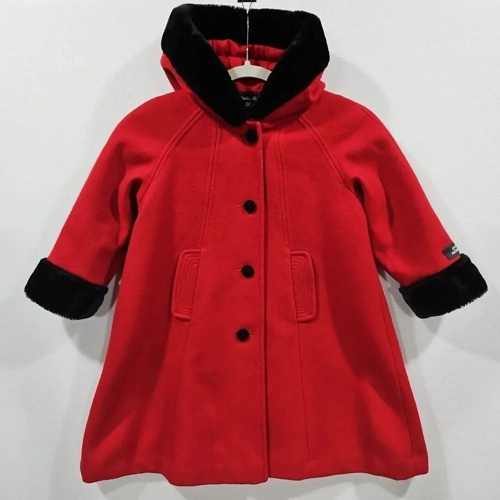 Stephanie Matthews Girls 100% Wool Red Jacket Coat Black Velvet Size 5 Long Hood